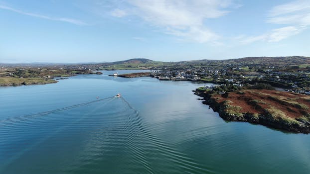 A breathtaking aerial view of Baltimore Harbor in County Cork, showcasing serene waters and picturesque landscapes.
