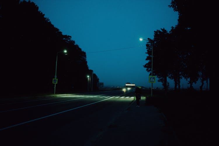 Empty Asphalt Road With Glowing Crosswalk In Night