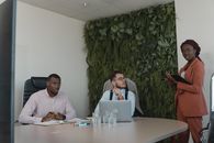 一支多元化的专业团队参加了以绿色植物装饰的战略办公室会议