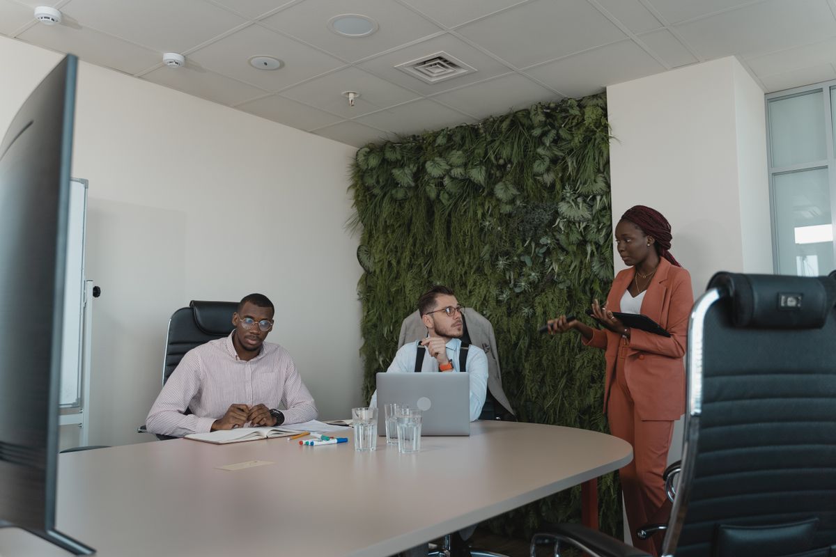 Professionals collaborating during a business meeting
