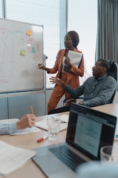 A diverse team discusses strategies during a meeting in a modern office setting.