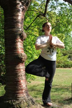 Woman in tree pose practicing yoga outdoors on grass beside a large tree.