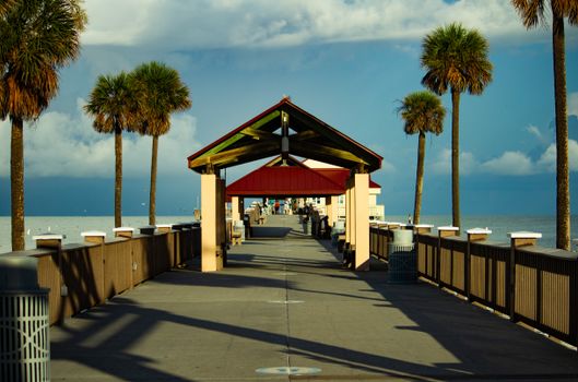 A beautiful summer day at a pier in Clearwater Beach, Florida, with palm trees and ocean views.