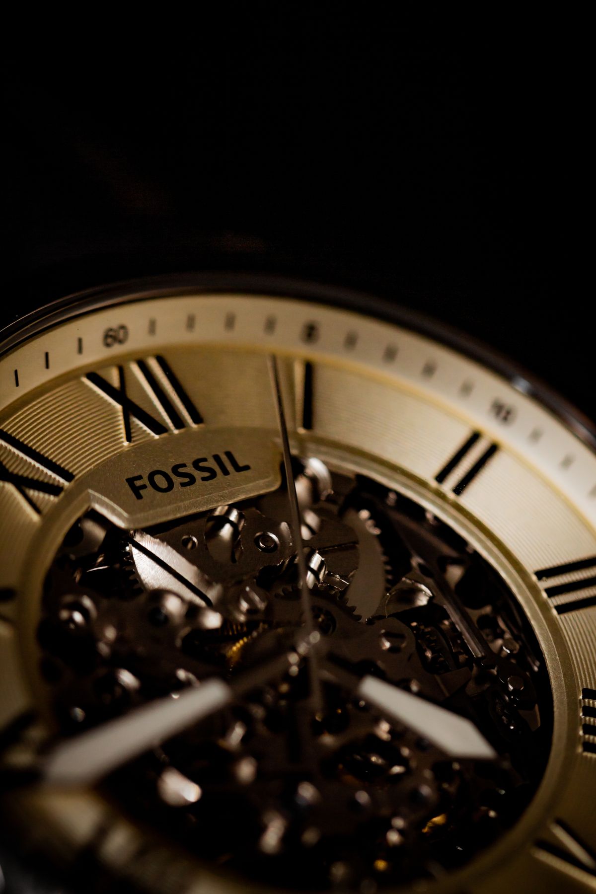 Close-up of an exposed mechanical watch movement
