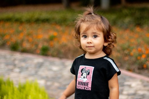 Adorable toddler with brown hair and black Minnie Mouse shirt in a colorful garden setting.