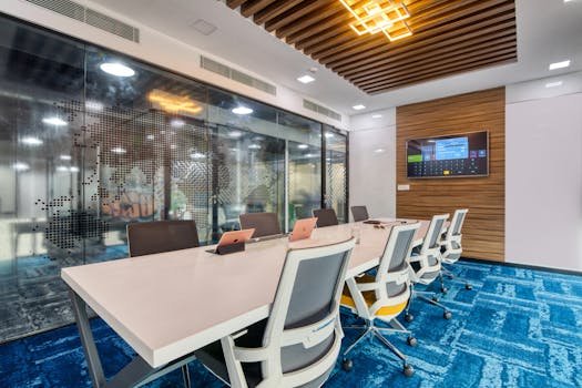 Sleek, contemporary office boardroom with glass walls, modern furniture, and digital screen display.