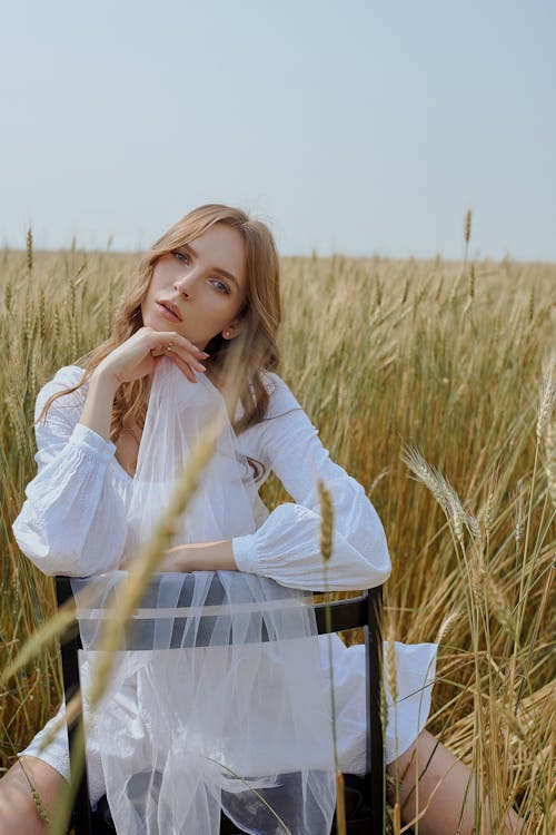 Free Attractive young female wearing white summer dress sitting backwards on wooden chair on spacious meadow while touching chin and looking at camera Stock Photo
