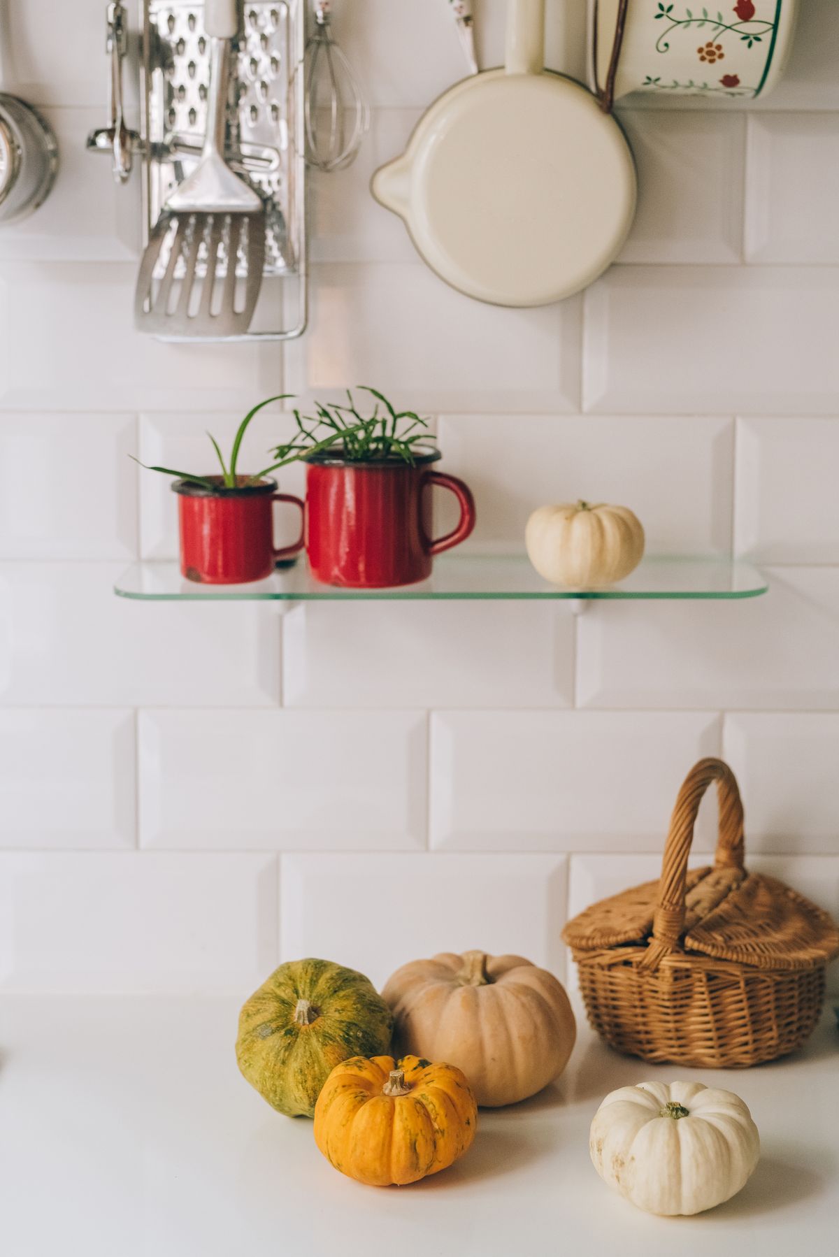 Cozy kitchen setting with pumpkins, pots, and plants on display. Warm and inviting ambiance for fall. Stock Photo.