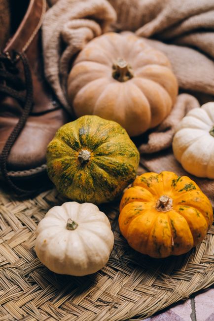 Various pumpkins on a woven mat, capturing the essence of fall with warm textures and colors.