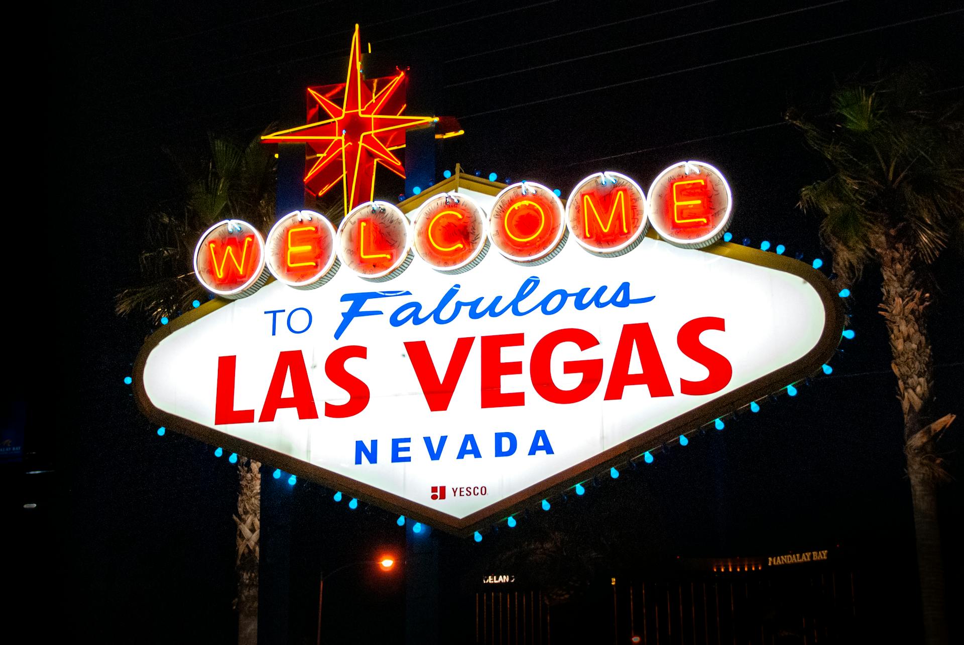 The iconic Welcome to Fabulous Las Vegas sign illuminated at night, representing the city's vibrant tourism.