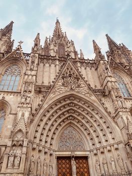 Stunning close-up of the Gothic façade of Barcelona Cathedral, showcasing intricate architecture.
