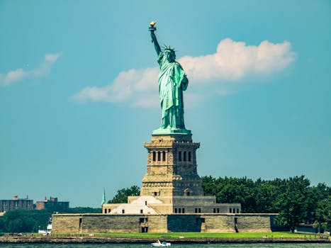 Iconic view of the Statue of Liberty with a clear blue sky in New York City.