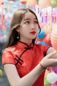 一位穿着时尚服装、化着妆的梦幻般亚洲少女，一边抬头触摸彩色灯笼