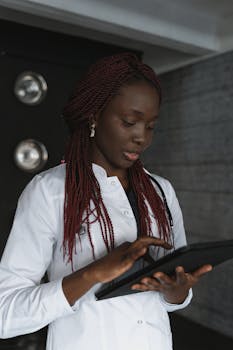 一名非裔美国女医生在室内专注地使用平板电脑工作