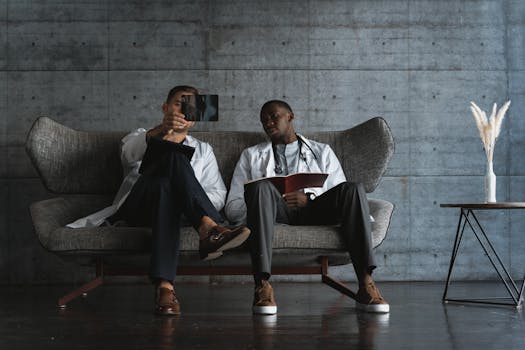 Two medical professionals in lab coats reviewing x-ray images indoors, seated on a modern sofa.