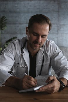 在现代室内办公环境中，一位专注的男医生正在写下笔记