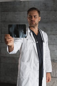 A medical professional examining an X-ray in a modern clinic setting.