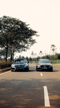 Two luxury cars drive on a tree-lined road, showcasing a lifestyle of elegance and modernity. - Fotografer Sidoarjo