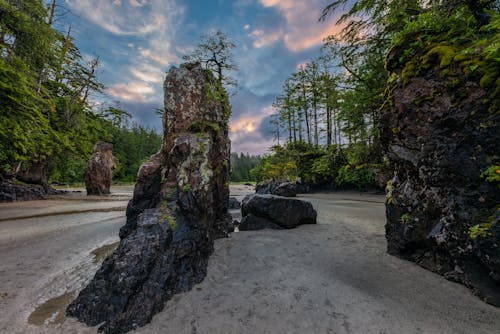 Brown and Green Rock Formation Near Green Trees Under Blue Sky