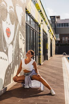 Fashionable woman in trendy attire posing beside a vibrant graffiti wall during the day.