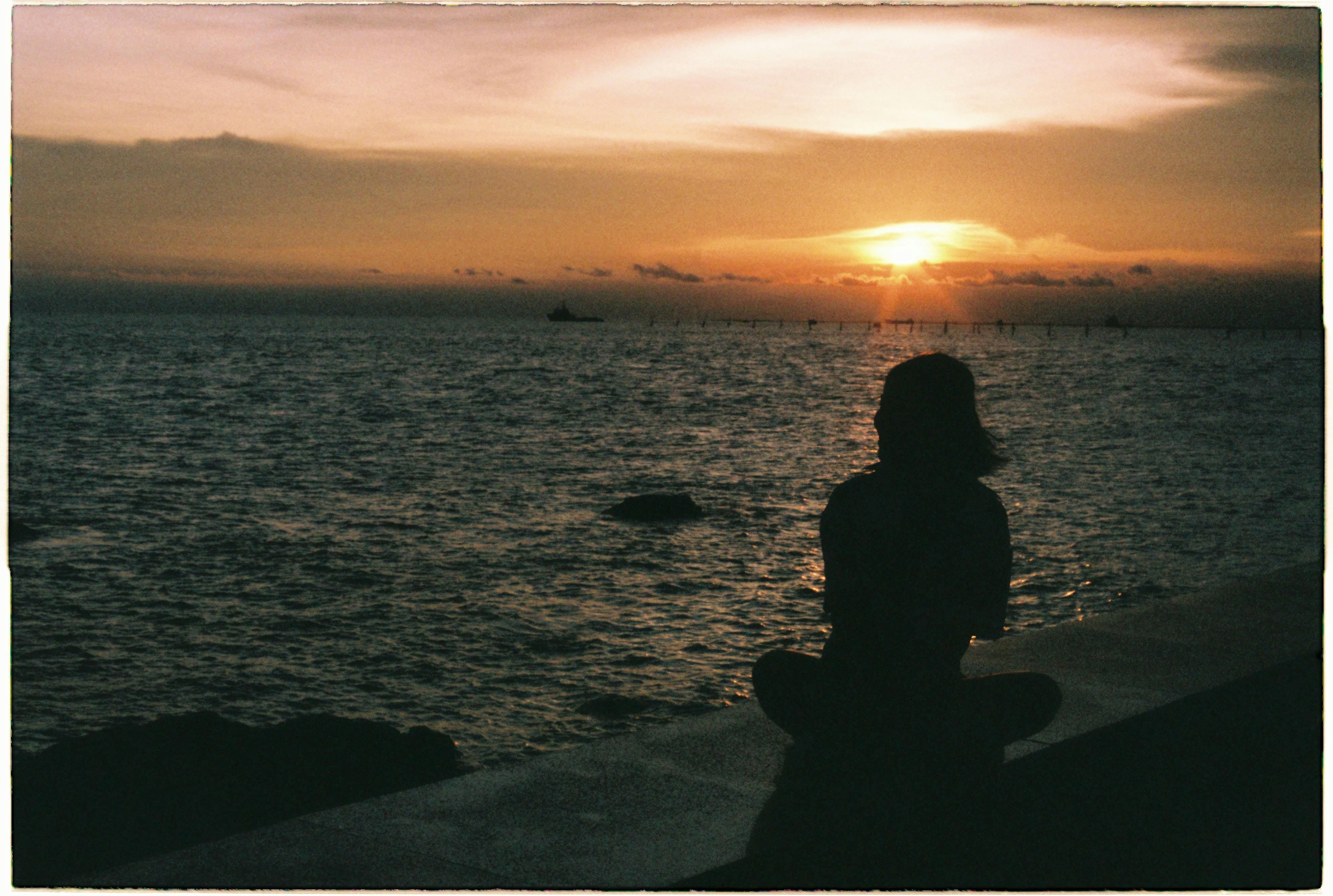 Foto de stock gratuita sobre de espaldas, mar, mujer, fotos de personas,  playa, puesta de sol, sentado, silueta, vista del mar