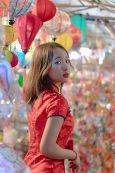 节日里，一位身着传统服饰的年轻女子肖像，四周环绕着鲜艳的灯笼