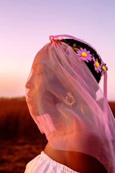 一位头戴花卉头巾和面纱的女人，正站在日落时分宁静的田野上
