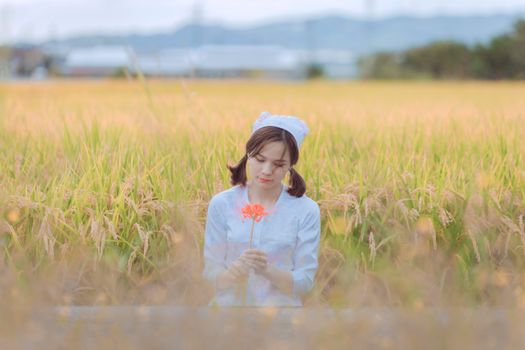 A serene woman in white sleeves holds an orange flower, sitting in a sunny wheat field.