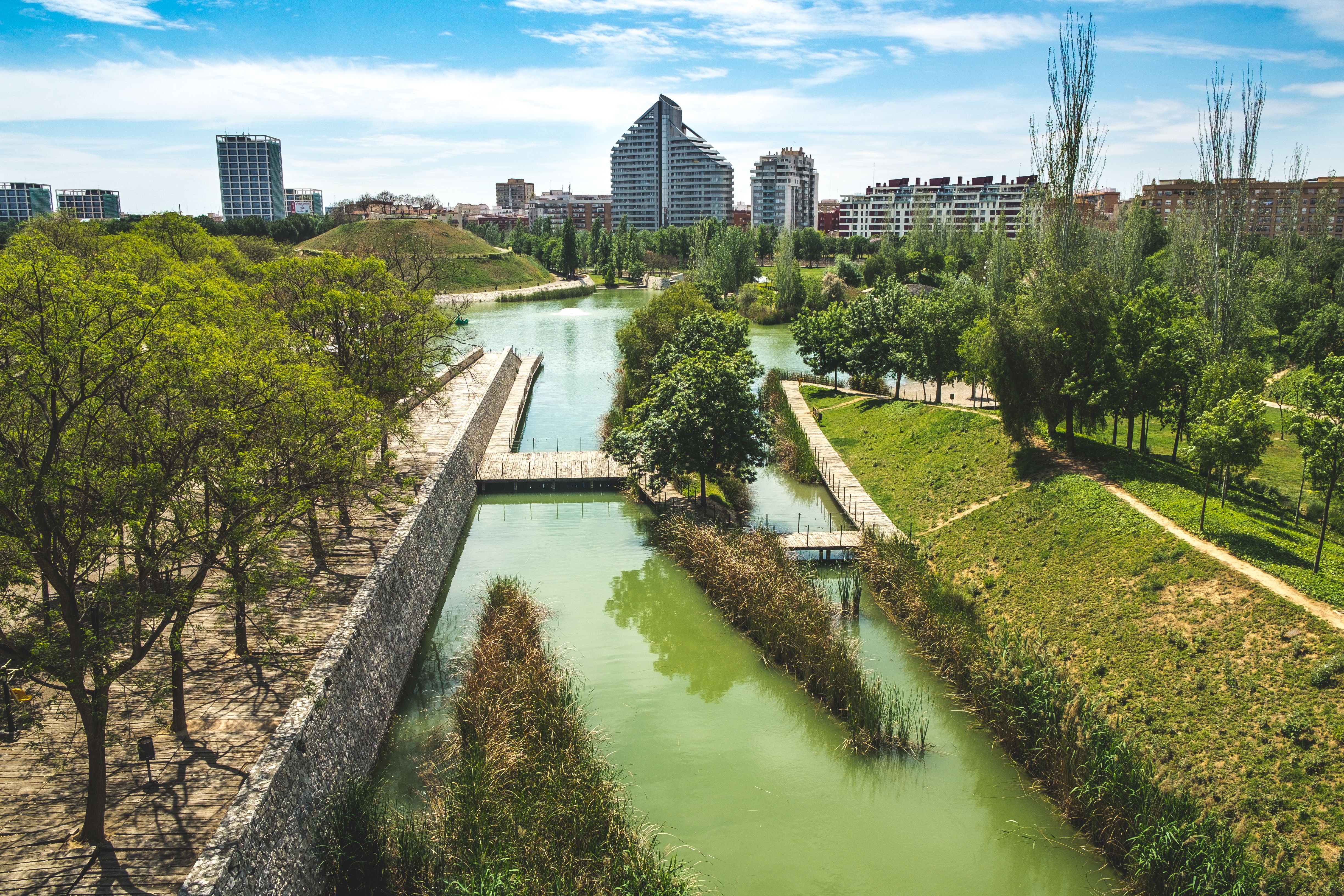 Aerial view of Turia Gardens with modern buildings in Valencia, Spain.