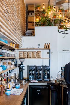 A bright, modern café interior featuring coffee equipment and plants. Ideal for lifestyle design themes.
