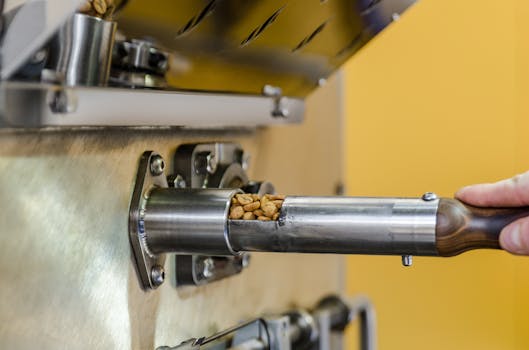Detailed view of coffee beans being roasted inside a steel machine highlighting technology.