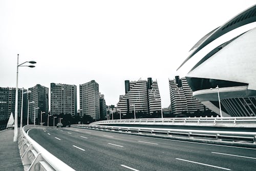 Grayscale Photo of City Buildings and a Road