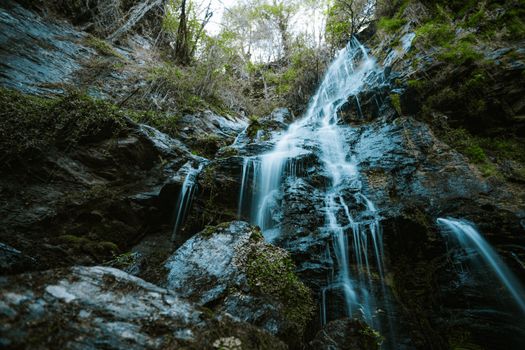From below of waterfall falling over rock covered with green bushes and moss in mountain woodland in summertime