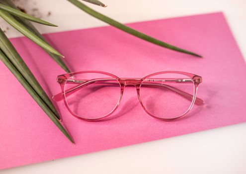 Eyeglasses on pink surface near houseplant leaves