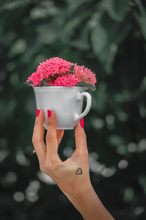 Faceless woman with manicured fingers and small tattoo demonstrating small white cup with pink flowers