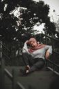 Woman Wearing Pink Hijab Posing on Stairs