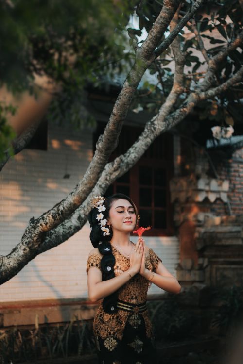 Free Portrait of a Balinese woman meditating, holding a flower under a tree in Bali, Indonesia. Stock Photo