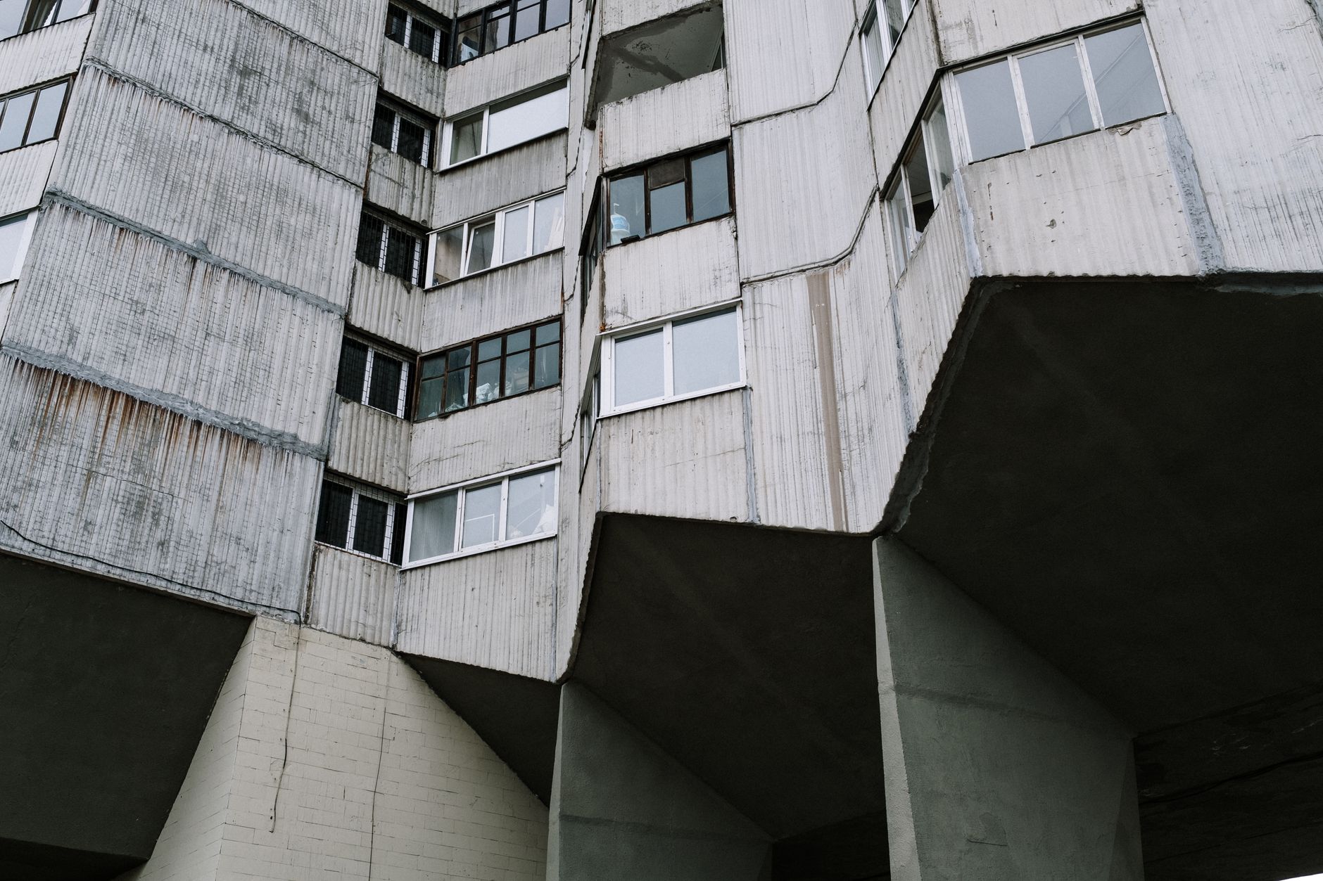 A close-up view of brutalist architecture showcasing geometric shapes and concrete textures.. close, view, brutalist