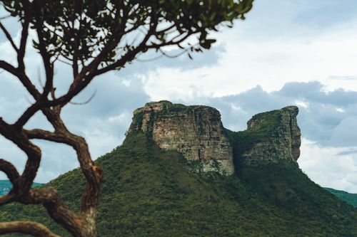 Free Scenic view of a lush rocky mountain framed by foreground branches under a cloudy sky. Stock Photo