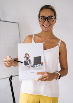 A woman smiles while holding an educational visual aid in a classroom setting.