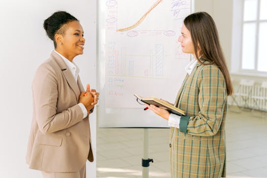 在现代办公环境中，女商人通过白板讨论策略