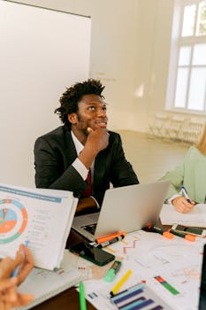 Business professional brainstorming in a modern office setting.