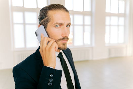 Professional man in a suit holding a smartphone in a bright indoor setting.
