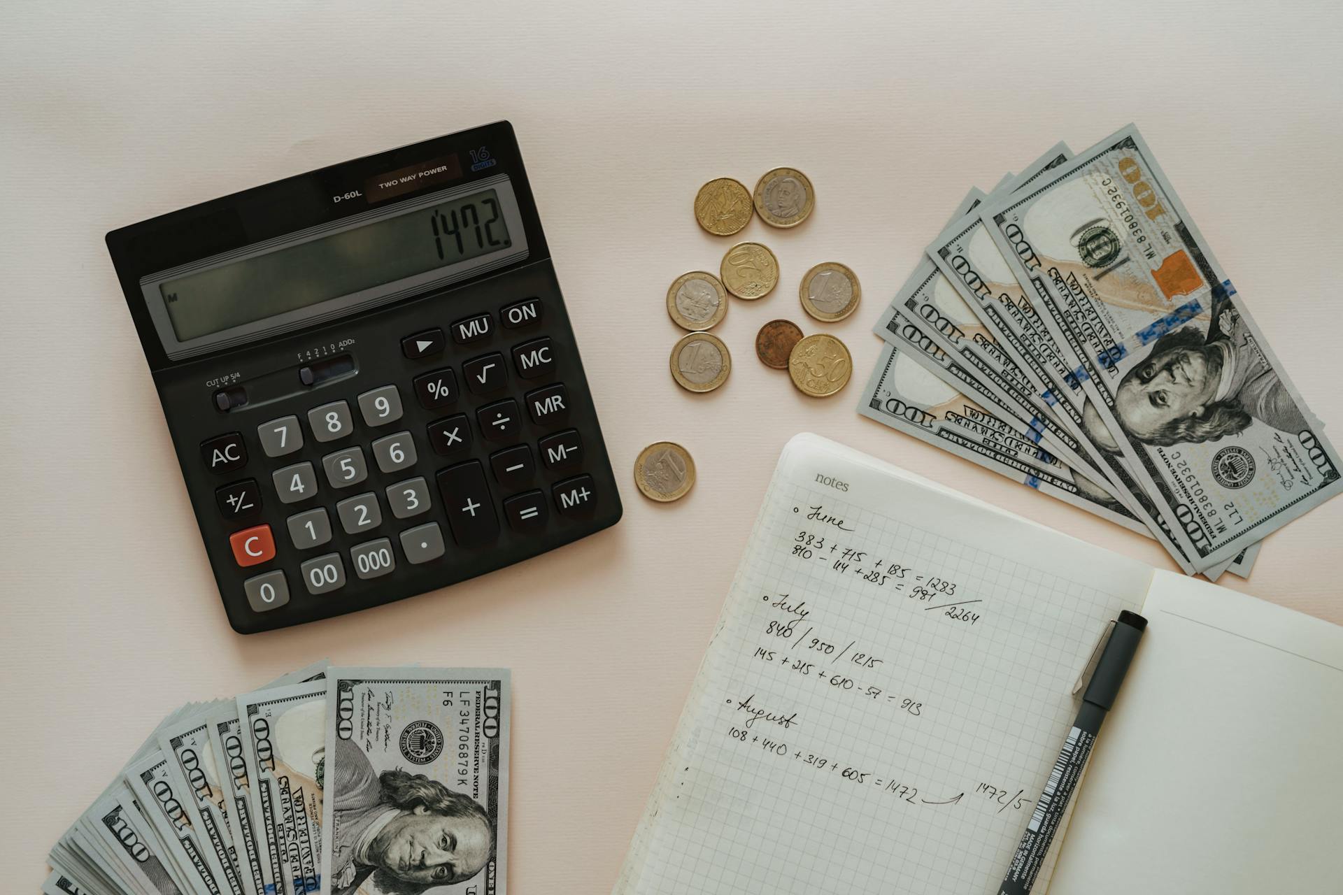 Free Black Calculator beside Coins and Notebook Stock Photo