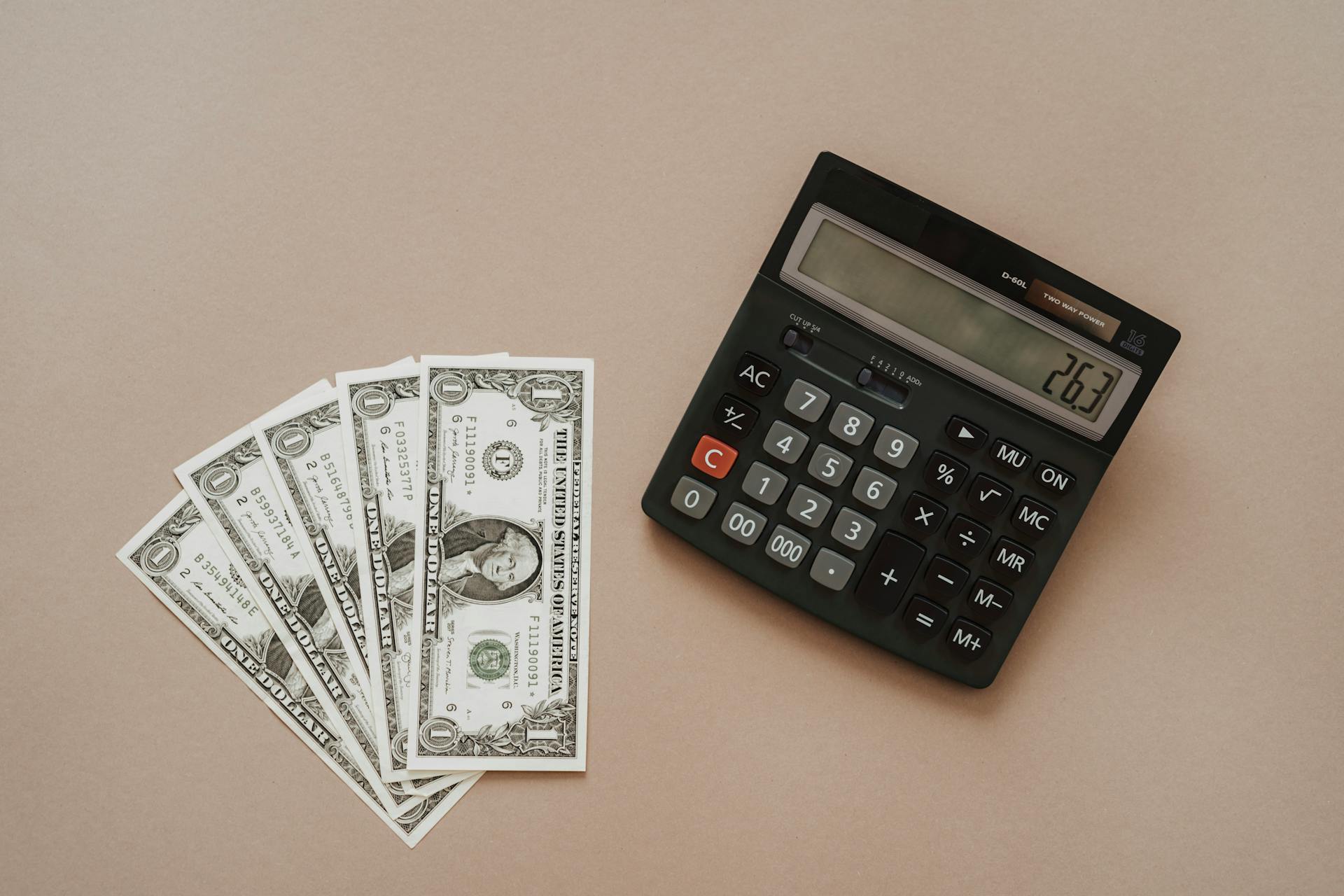 A calculator displaying '26.3' beside four one-dollar bills on a beige background.