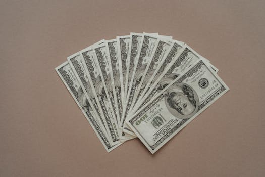 A neat arrangement of US dollar banknotes laid out in a fan shape on a brown surface.