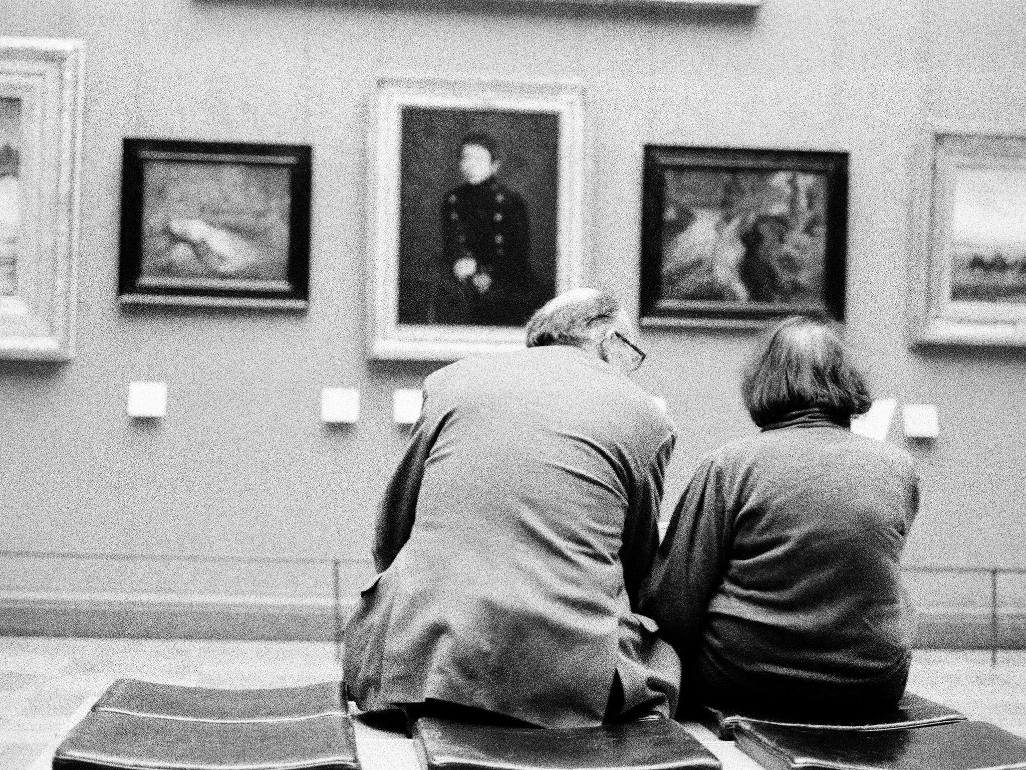 Paintings on display in an art gallery