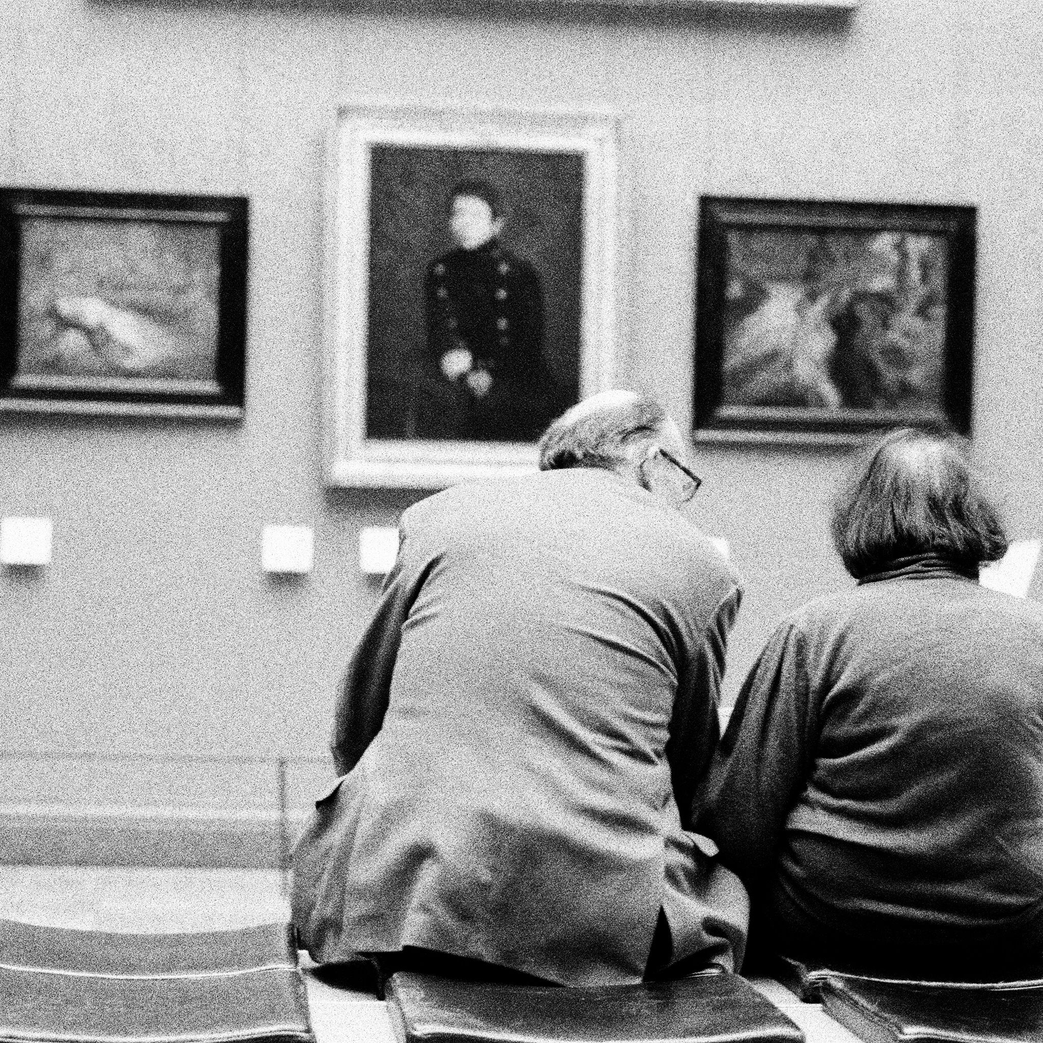 Paintings on display in an art gallery