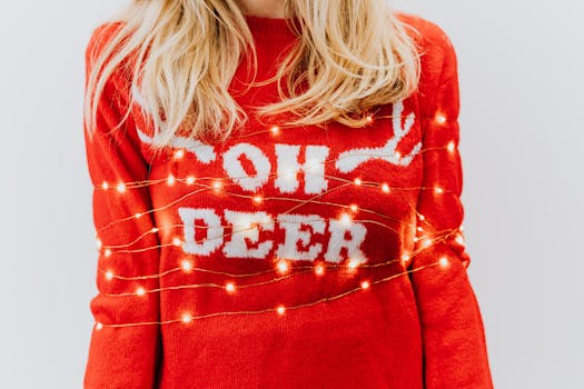Close-up of a person wearing a red sweater wrapped in Christmas lights, emphasizing holiday cheer.