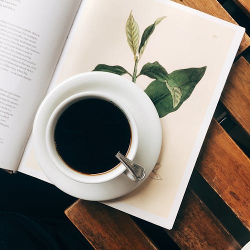 Free A Cup  of Black Coffee on an Open Book Stock Photo